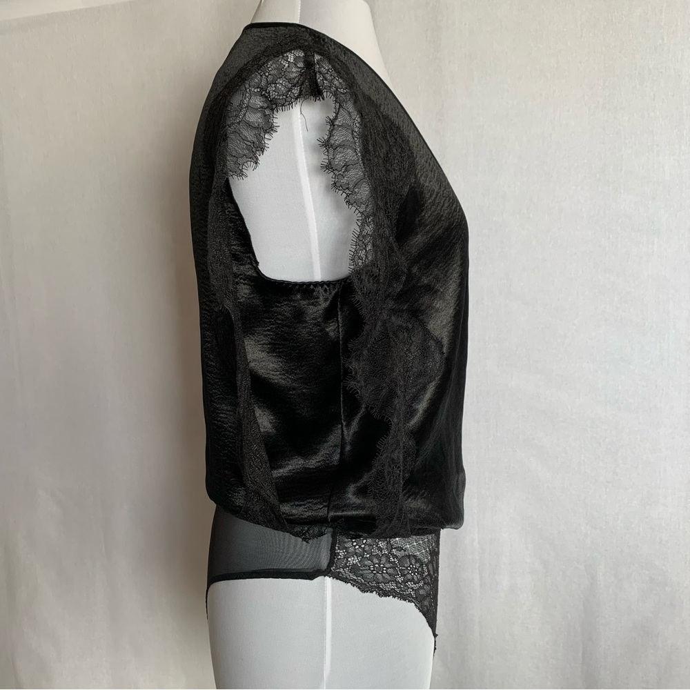 Victoria's Secret Black Satin Lace trim surplice sleeveless thong bodysuit SMALL - Picture 2 of 10